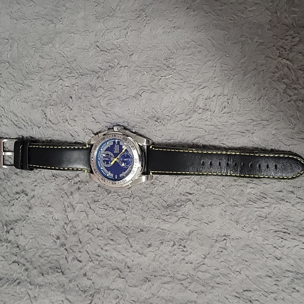 Men's Black Leather Strap Watch with Blue Dial